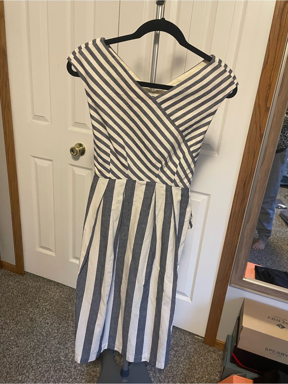 Lafayette 148 New York Navy and Cream Striped Wrap Midi Dress with Back Tie - Picture 4 of 4